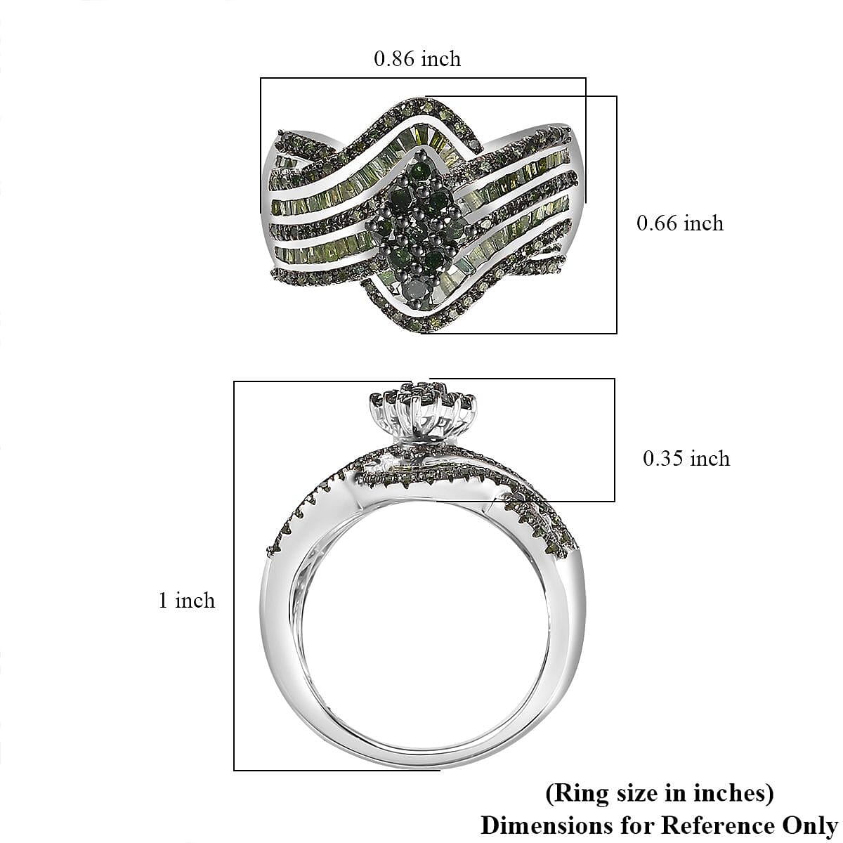 Green Diamond Bypass Ring in Platinum Over Sterling Silver (Size 8.0) 1.00 ctw image number 5