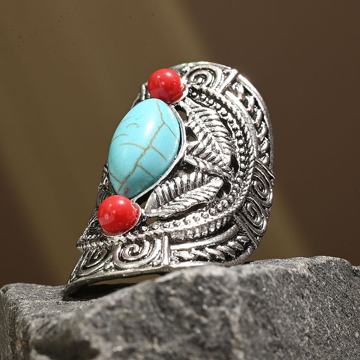 Constituted Blue and Red Howlite Ring in Silvertone (Size 6.5) 1.70 ctw image number 1