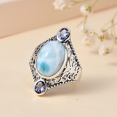 Artisan Crafted AAA Larimar and Tanzanite Filigree Ring in Sterling Silver (Size 10.0) 7.15 ctw