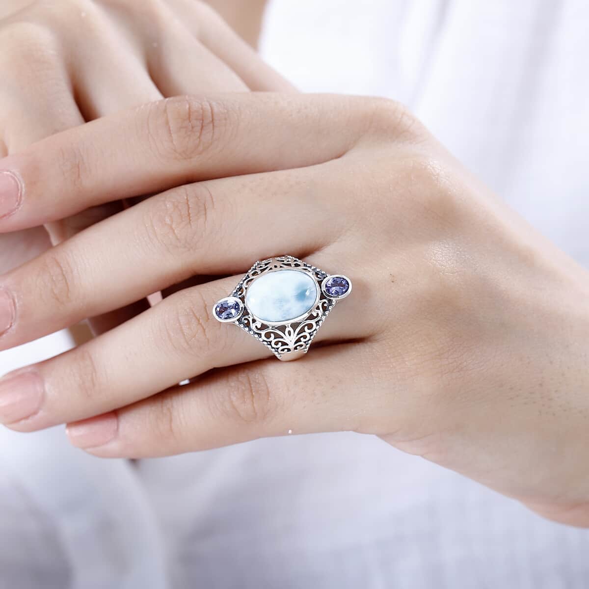 Artisan Crafted AAA Larimar and Tanzanite Filigree Ring in Sterling Silver (Size 10.0) 7.15 ctw image number 2