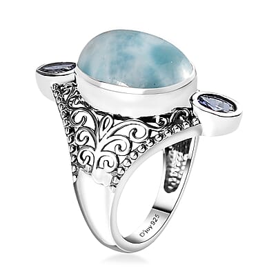 Artisan Crafted AAA Larimar and Tanzanite Filigree Ring in Sterling Silver (Size 10.0) 7.15 ctw
