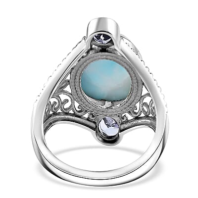 Artisan Crafted AAA Larimar and Tanzanite Filigree Ring in Sterling Silver (Size 10.0) 7.15 ctw
