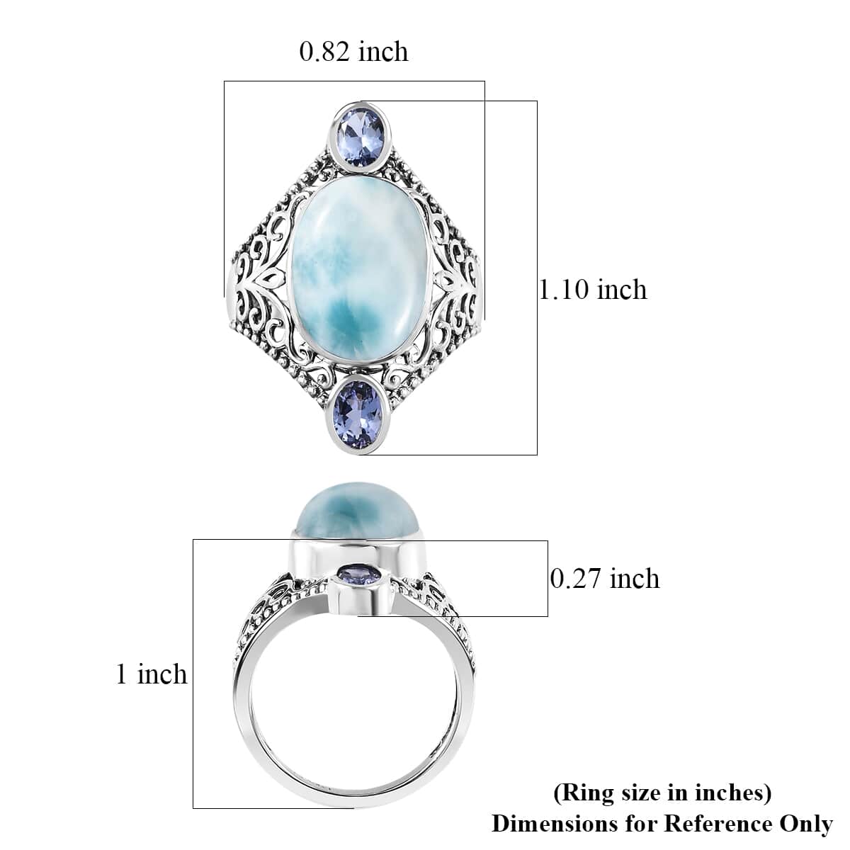 Artisan Crafted AAA Larimar and Tanzanite Filigree Ring in Sterling Silver (Size 10.0) 7.15 ctw image number 5