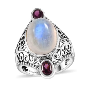 Artisan Crafted AAA Moon Glow Moonstone and Orissa Rhodolite Garnet Filigree Ring in Sterling Silver (Size 10.0) 7.10 ctw