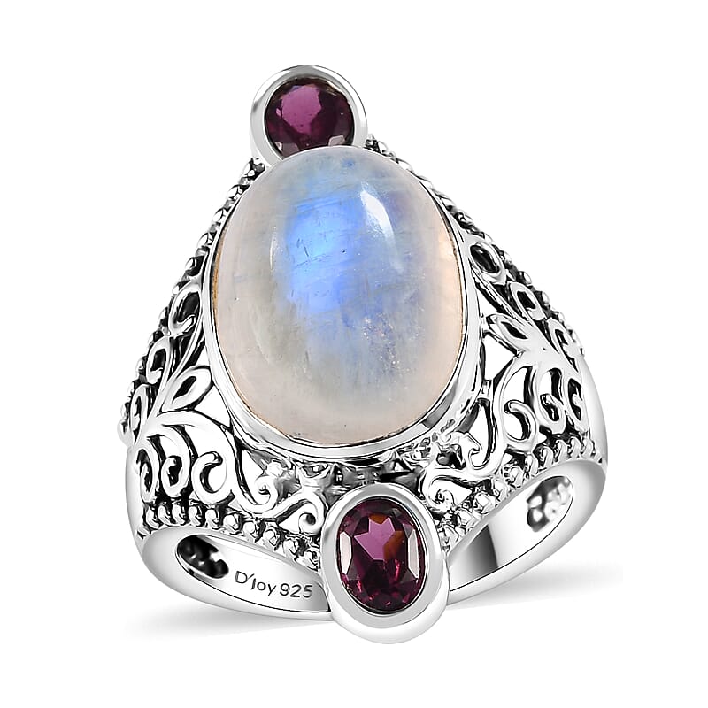 Artisan Crafted AAA Moon Glow Moonstone and Orissa Rhodolite Garnet Filigree Ring in Sterling Silver (Size 11.0) 7.10 ctw