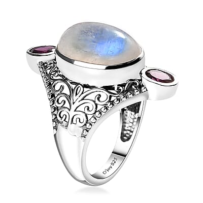 Artisan Crafted AAA Moon Glow Moonstone and Orissa Rhodolite Garnet Filigree Ring in Sterling Silver (Size 11.0) 7.10 ctw