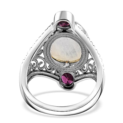 Artisan Crafted AAA Moon Glow Moonstone and Orissa Rhodolite Garnet Filigree Ring in Sterling Silver (Size 11.0) 7.10 ctw