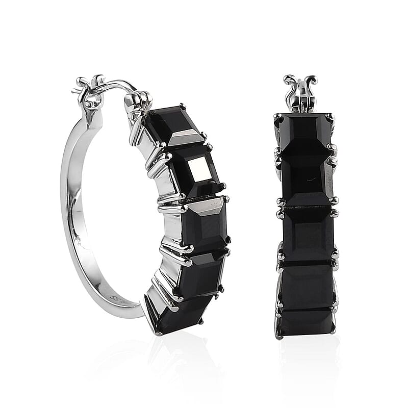 Thai Black Spinel Hoop Earrings in Stainless Steel 14.75 ctw
