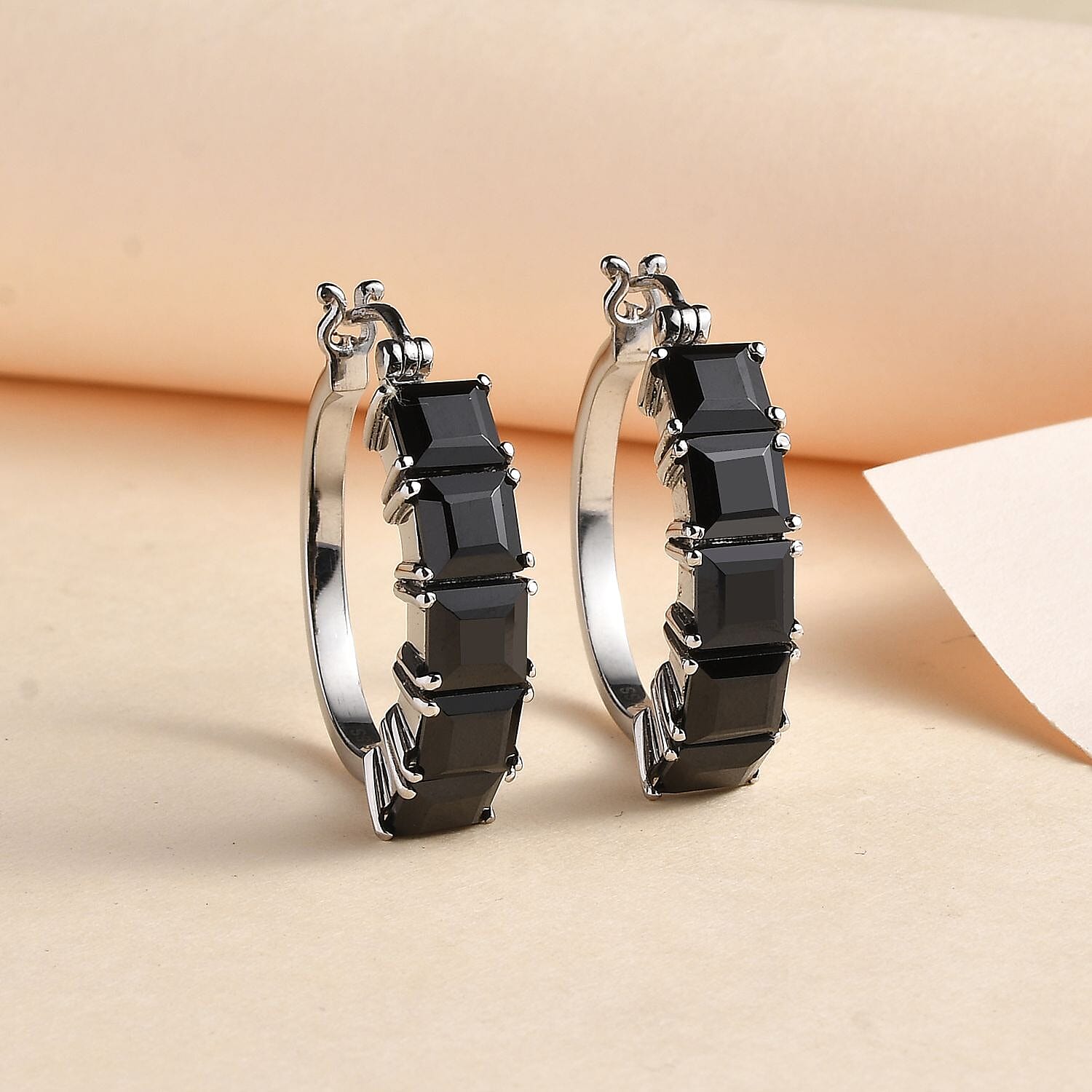 Thai Black Spinel Hoop Earrings in Stainless Steel 14.75 ctw