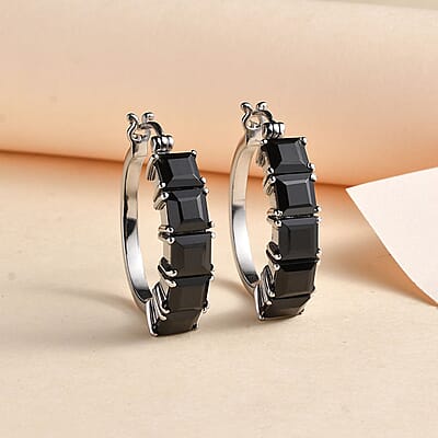 Thai Black Spinel Hoop Earrings in Stainless Steel 14.75 ctw