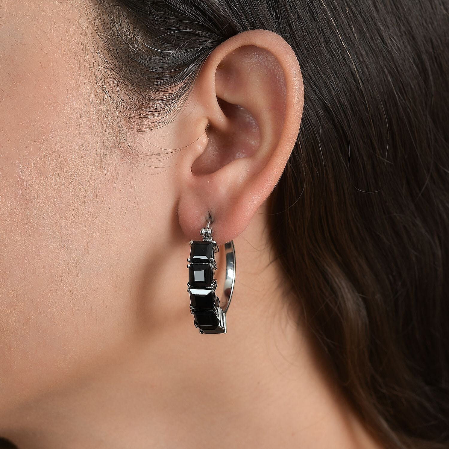 Thai Black Spinel Hoop Earrings in Stainless Steel 14.75 ctw