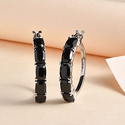 Thai Black Spinel Hoop Earrings in Stainless Steel 13.25 ctw