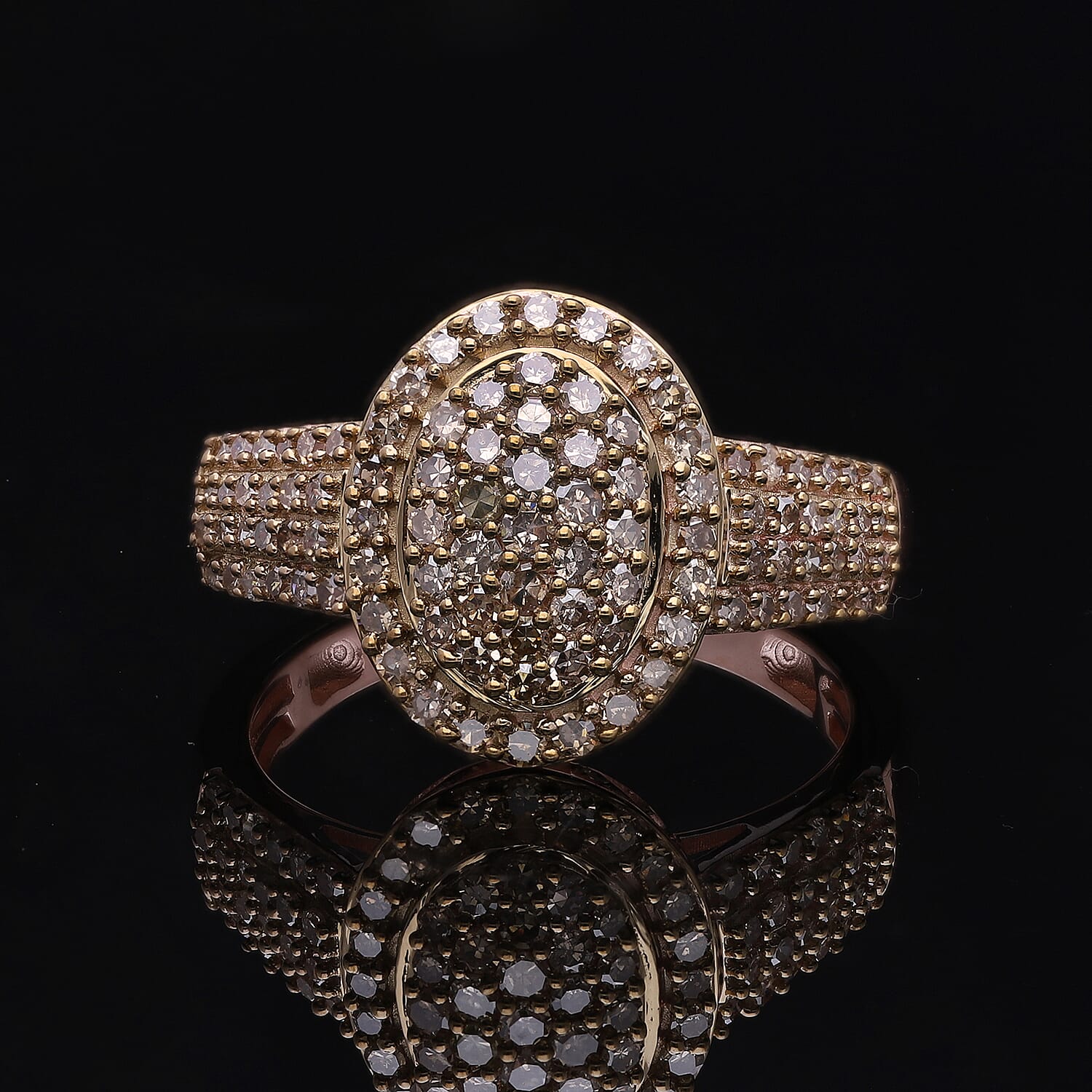 Natural Champagne Diamond Cluster Ring in Vermeil Rose Gold Over Sterling Silver (Size 10.0) 1.00 ctw