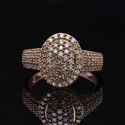 Natural Champagne Diamond Cluster Ring in Vermeil Rose Gold Over Sterling Silver (Size 10.0) 1.00 ctw