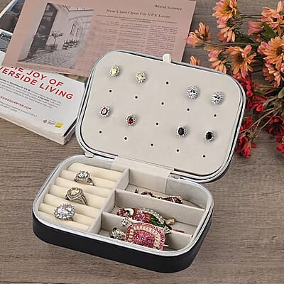 Black Faux Leather Jewelry Organizer with Zipper Closure (6.75x 4.5x2) (Hold Upto 5 Hooks, 10Pairs of Ear Holes, 6 Rings Slot, 20 Earrings Hole)