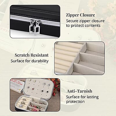 Black Faux Leather Jewelry Organizer with Zipper Closure (6.75x 4.5x2) (Hold Upto 5 Hooks, 10Pairs of Ear Holes, 6 Rings Slot, 20 Earrings Hole)