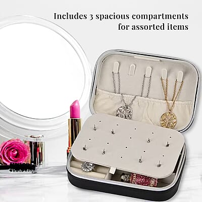 Black Faux Leather Jewelry Organizer with Zipper Closure (6.75x 4.5x2) (Hold Upto 5 Hooks, 10Pairs of Ear Holes, 6 Rings Slot, 20 Earrings Hole)