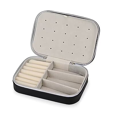 Black Faux Leather Jewelry Organizer with Zipper Closure (6.75x 4.5x2) (Hold Upto 5 Hooks, 10Pairs of Ear Holes, 6 Rings Slot, 20 Earrings Hole)