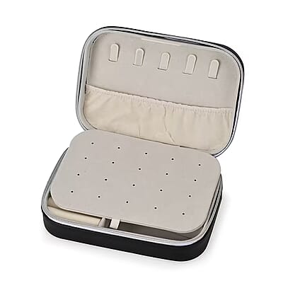 Black Faux Leather Jewelry Organizer with Zipper Closure (6.75x 4.5x2) (Hold Upto 5 Hooks, 10Pairs of Ear Holes, 6 Rings Slot, 20 Earrings Hole)