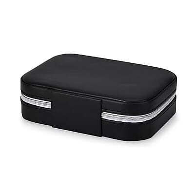 Black Faux Leather Jewelry Organizer with Zipper Closure (6.75x 4.5x2) (Hold Upto 5 Hooks, 10Pairs of Ear Holes, 6 Rings Slot, 20 Earrings Hole)