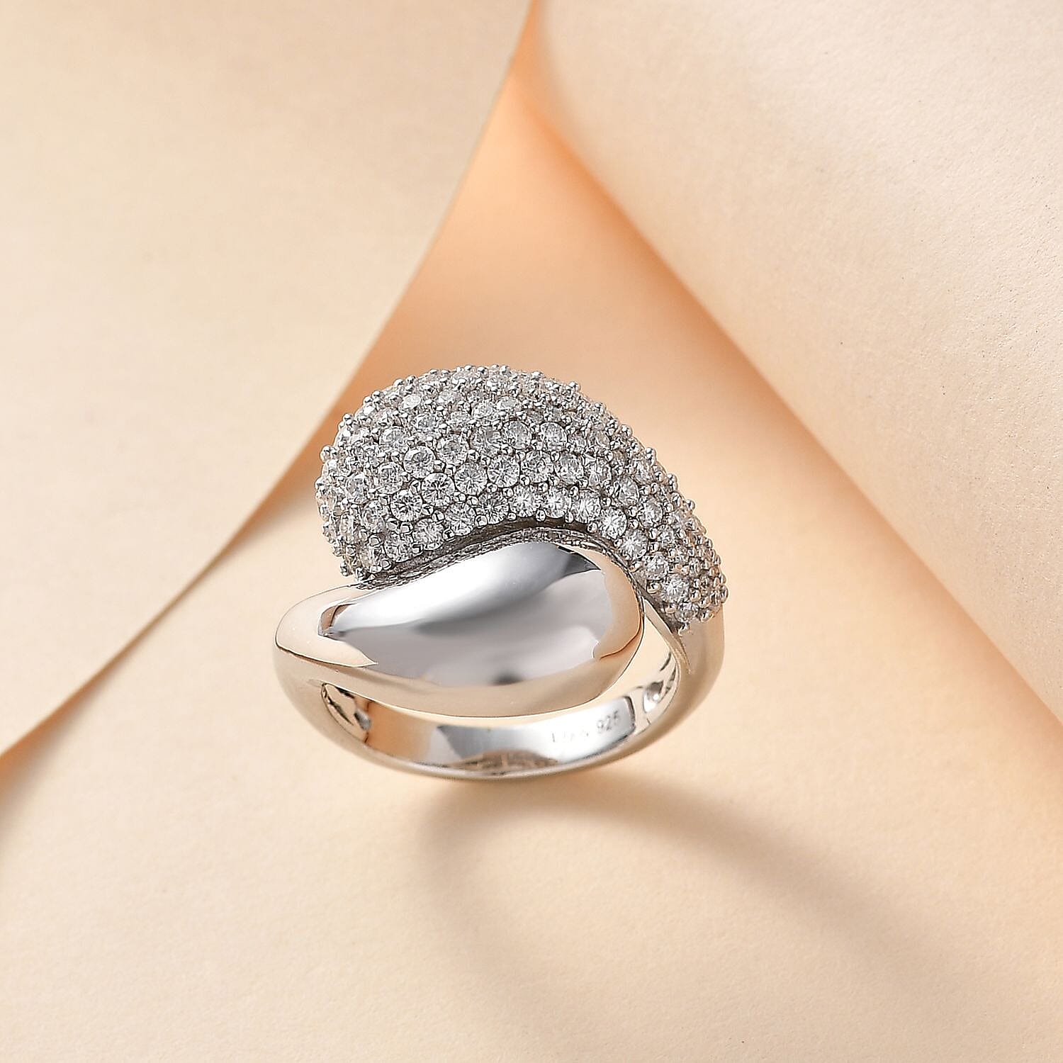 Moissanite Bypass Ring in Platinum Over Sterling Silver (Size 6.0) 1.90 ctw