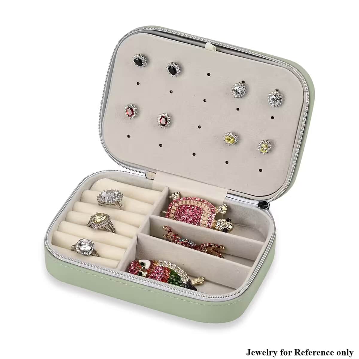 Light Green Faux Leather Jewelry Organizer with Zipper Closure (6.75x 4.5x2) (Hold Upto 5 Hooks, 10Pairs of Ear Nails, 6 Rings Slot, 20 Earrings Hole) image number 0