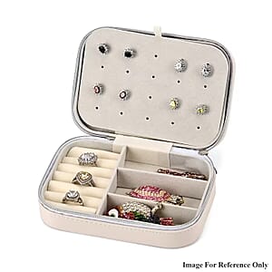 Cream Faux Leather Jewelry Organizer with Zipper Closure (6.75x 4.5x2) (Hold Upto 5 Hooks, 10Pairs of Ear Holes, 6 Rings Slot, 20 Earrings Hole)