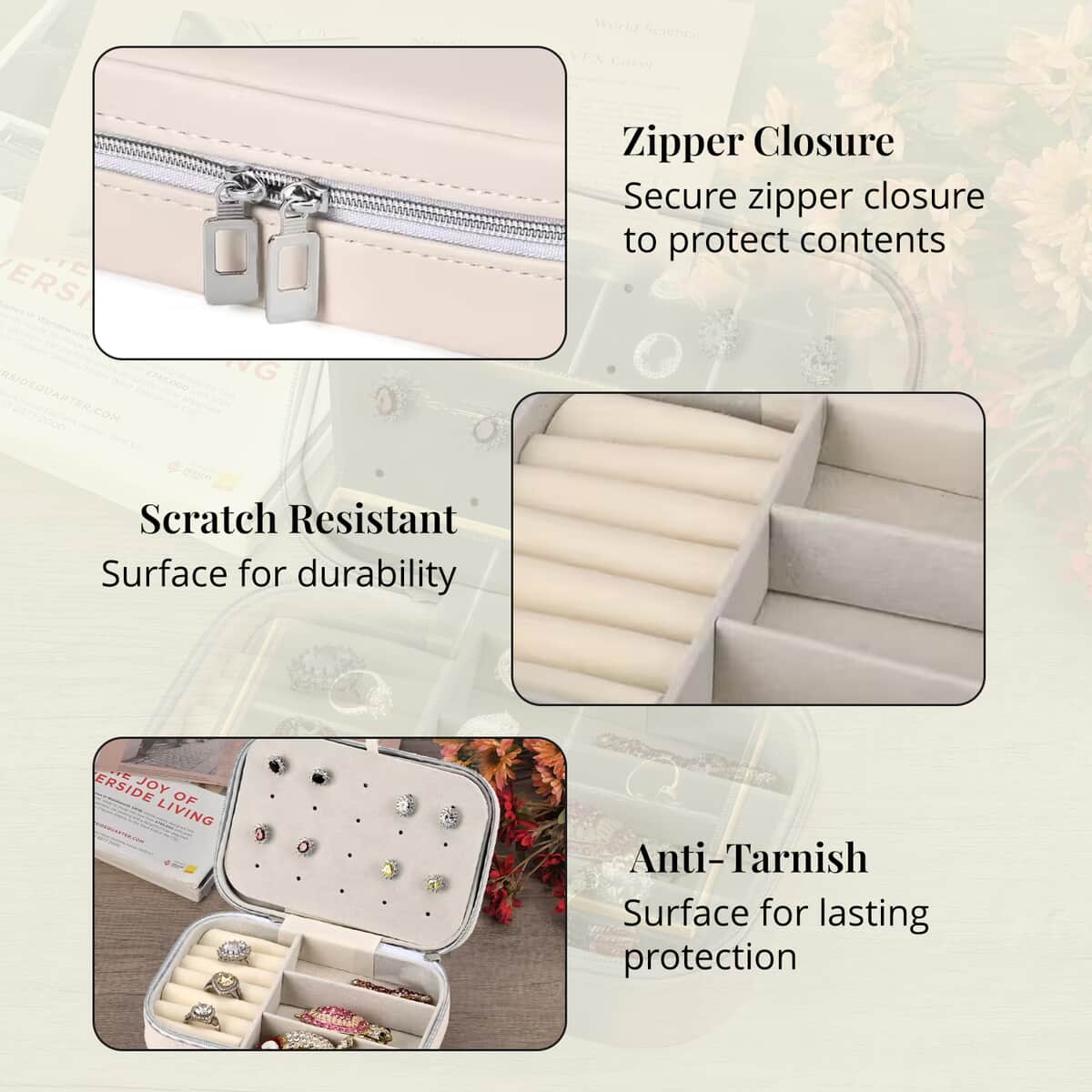 Cream Faux Leather Jewelry Organizer with Zipper Closure (6.75x 4.5x2) (Hold Upto 5 Hooks, 10Pairs of Ear Holes, 6 Rings Slot, 20 Earrings Hole) image number 2