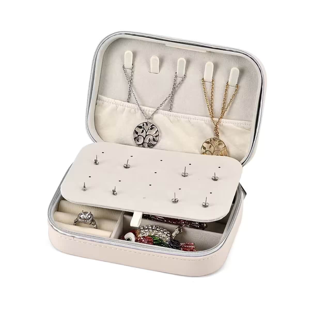 Cream Faux Leather Jewelry Organizer with Zipper Closure (6.75x 4.5x2) (Hold Upto 5 Hooks, 10Pairs of Ear Holes, 6 Rings Slot, 20 Earrings Hole) image number 8