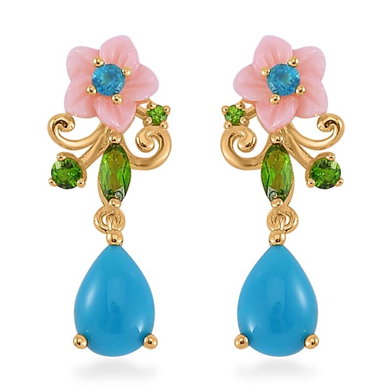 Sleeping Beauty Turquoise and Multi Gemstone Drop Earrings in Vermeil Yellow Gold Over Sterling Silver 1.60 ctw