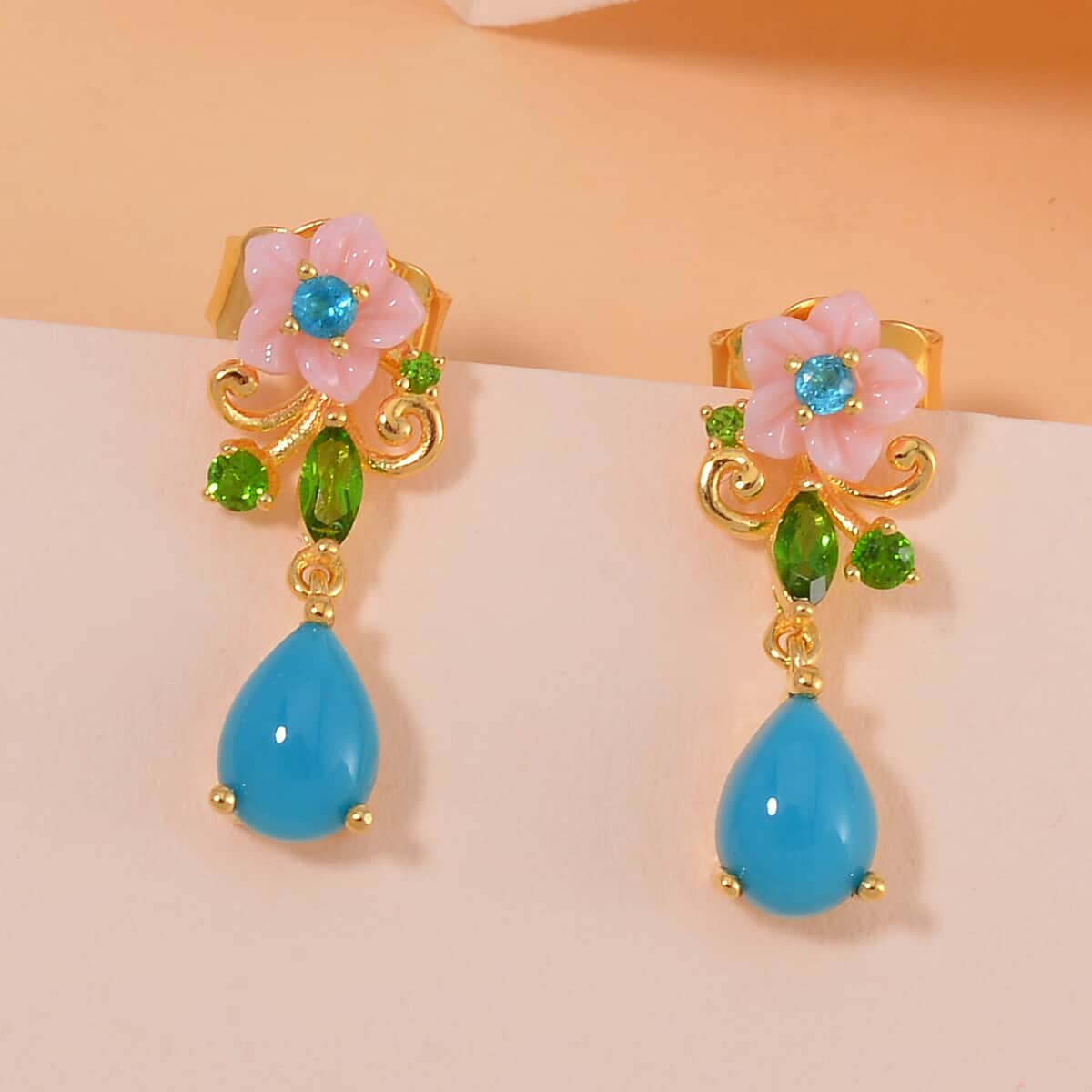 Sleeping Beauty Turquoise and Multi Gemstone Drop Earrings in Vermeil Yellow Gold Over Sterling Silver 1.60 ctw image number 1