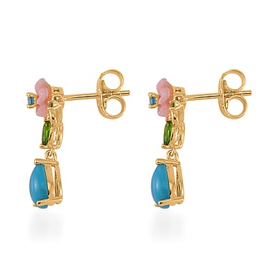 Sleeping Beauty Turquoise and Multi Gemstone Drop Earrings in Vermeil Yellow Gold Over Sterling Silver 1.60 ctw
