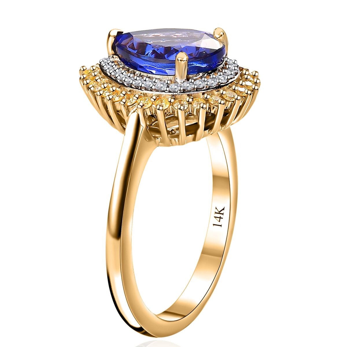 Luxoro 14K Yellow Gold AAA Tanzanite, Natural Yellow and White Diamond I2 Double Halo Ring (Size 7.0) 4 Grams 3.30 ctw (Del. in 10-12 Days) image number 3