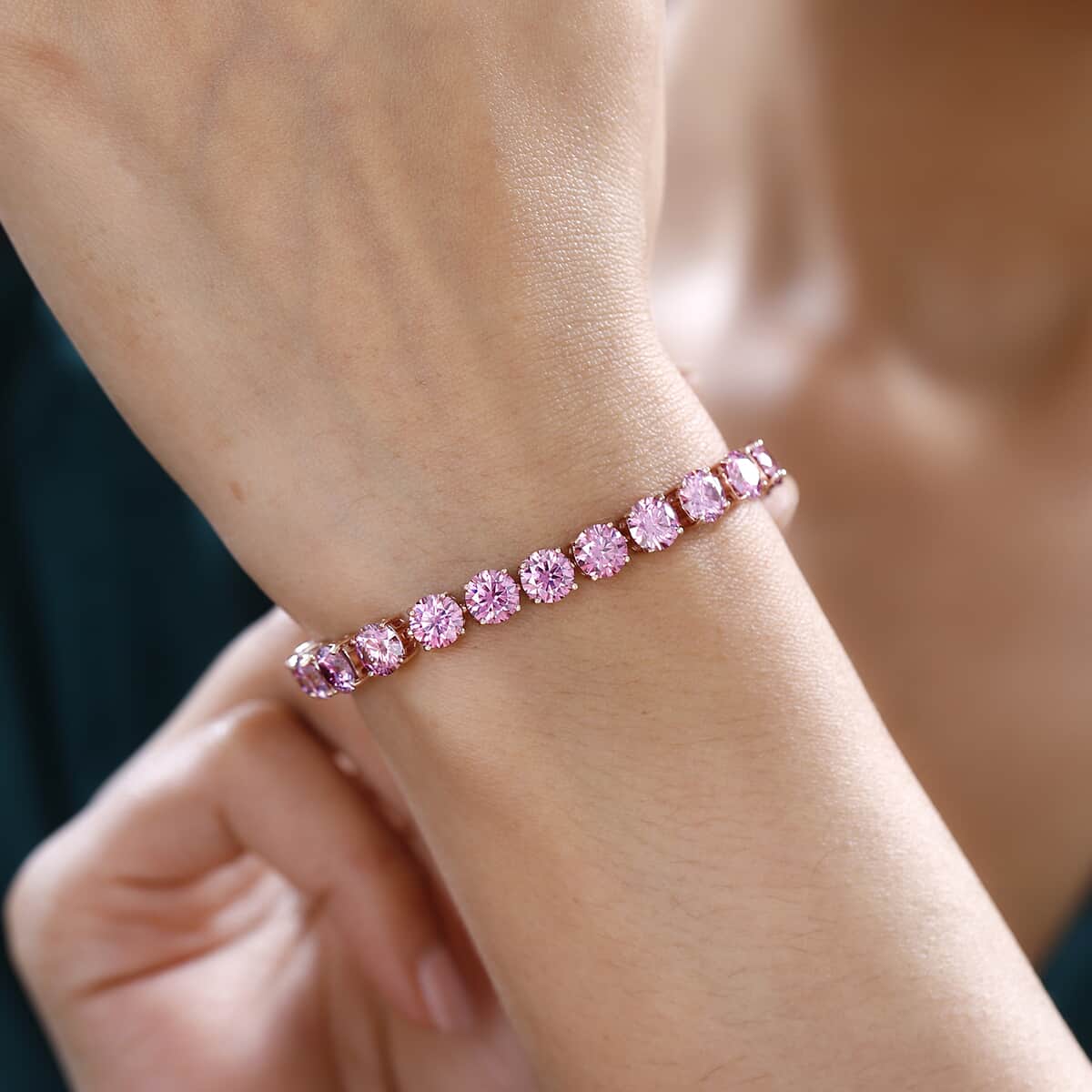 Pink Moissanite Tennis Bracelet in Vermeil Rose Gold Over Sterling Silver (8.00 In) 27.25 ctw image number 2