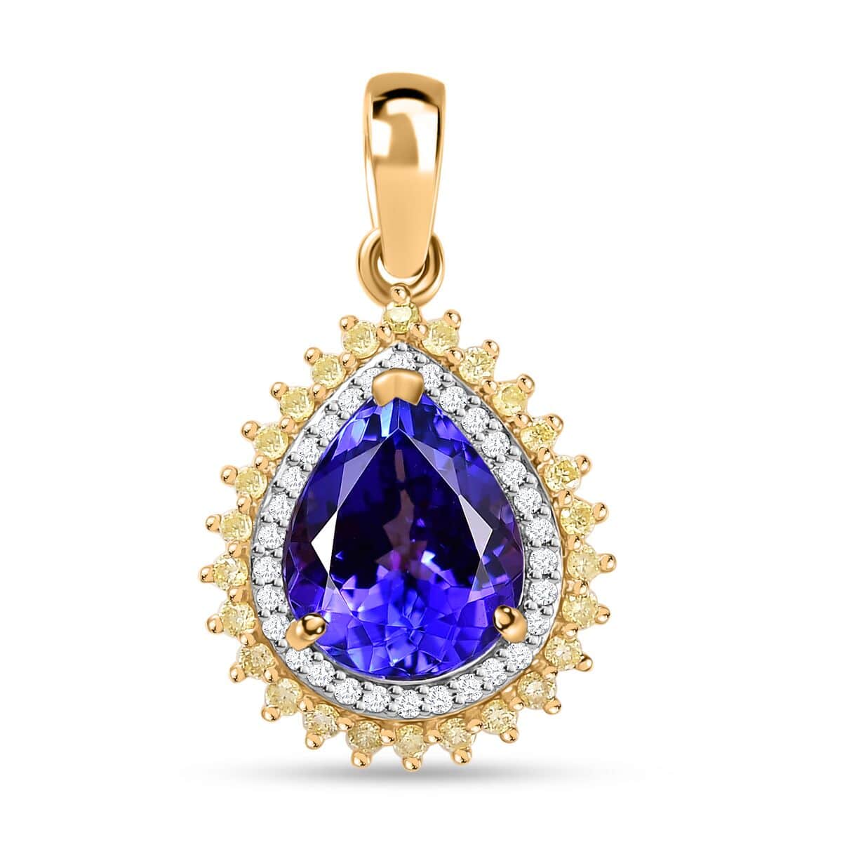 Luxoro 14K Yellow Gold AAA Tanzanite and I2 Natural Yellow and White Diamond Double Halo Pendant 2.90 ctw image number 0