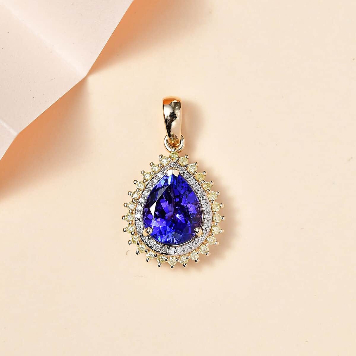 Luxoro 14K Yellow Gold AAA Tanzanite and I2 Natural Yellow and White Diamond Double Halo Pendant 2.90 ctw image number 1