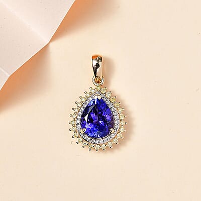 Luxoro 14K Yellow Gold AAA Tanzanite and I2 Natural Yellow and White Diamond Double Halo Pendant 2.90 ctw