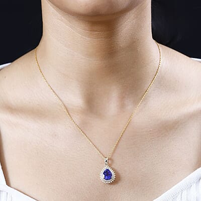 Luxoro 14K Yellow Gold AAA Tanzanite and I2 Natural Yellow and White Diamond Double Halo Pendant 2.90 ctw