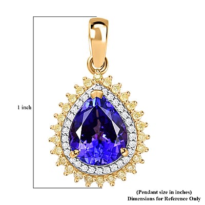 Luxoro 14K Yellow Gold AAA Tanzanite and I2 Natural Yellow and White Diamond Double Halo Pendant 2.90 ctw