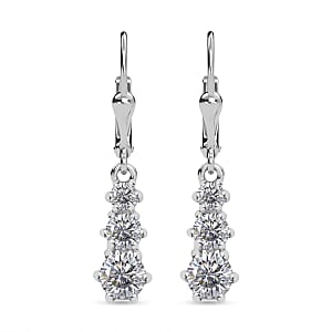 Moissanite 1.60 ctw Solitaire Lever Back Earrings in Rhodium Over Sterling Silver