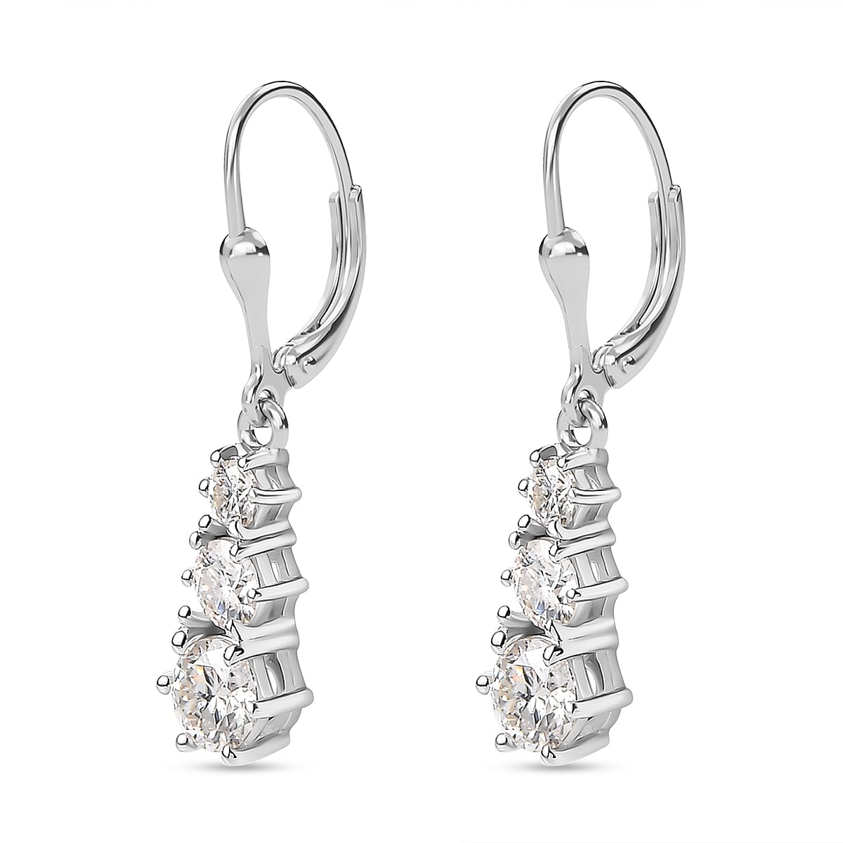 Moissanite 1.60 ctw Solitaire Lever Back Earrings in Rhodium Over Sterling Silver image number 3