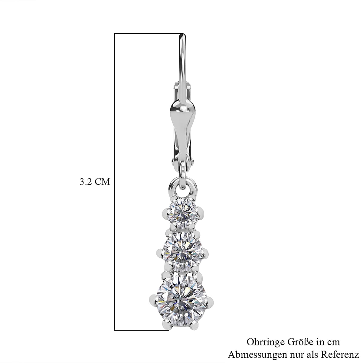 Moissanite 1.60 ctw Solitaire Lever Back Earrings in Rhodium Over Sterling Silver