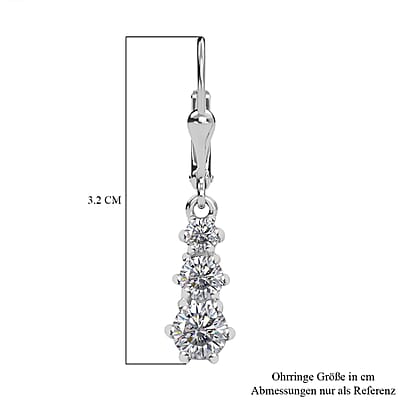 Moissanite 1.60 ctw Solitaire Lever Back Earrings in Rhodium Over Sterling Silver