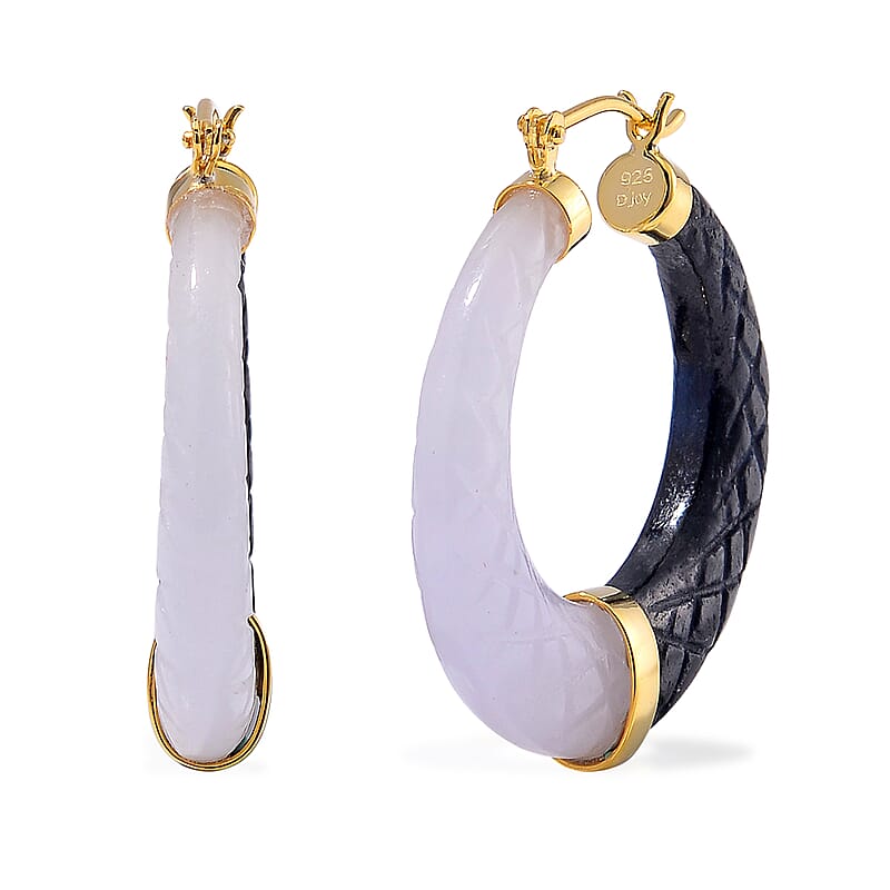 Natural White Jade and Black Jade (D) 104.00 ctw Hoop Earrings in Vermeil Yellow Gold Over Sterling Silver 
