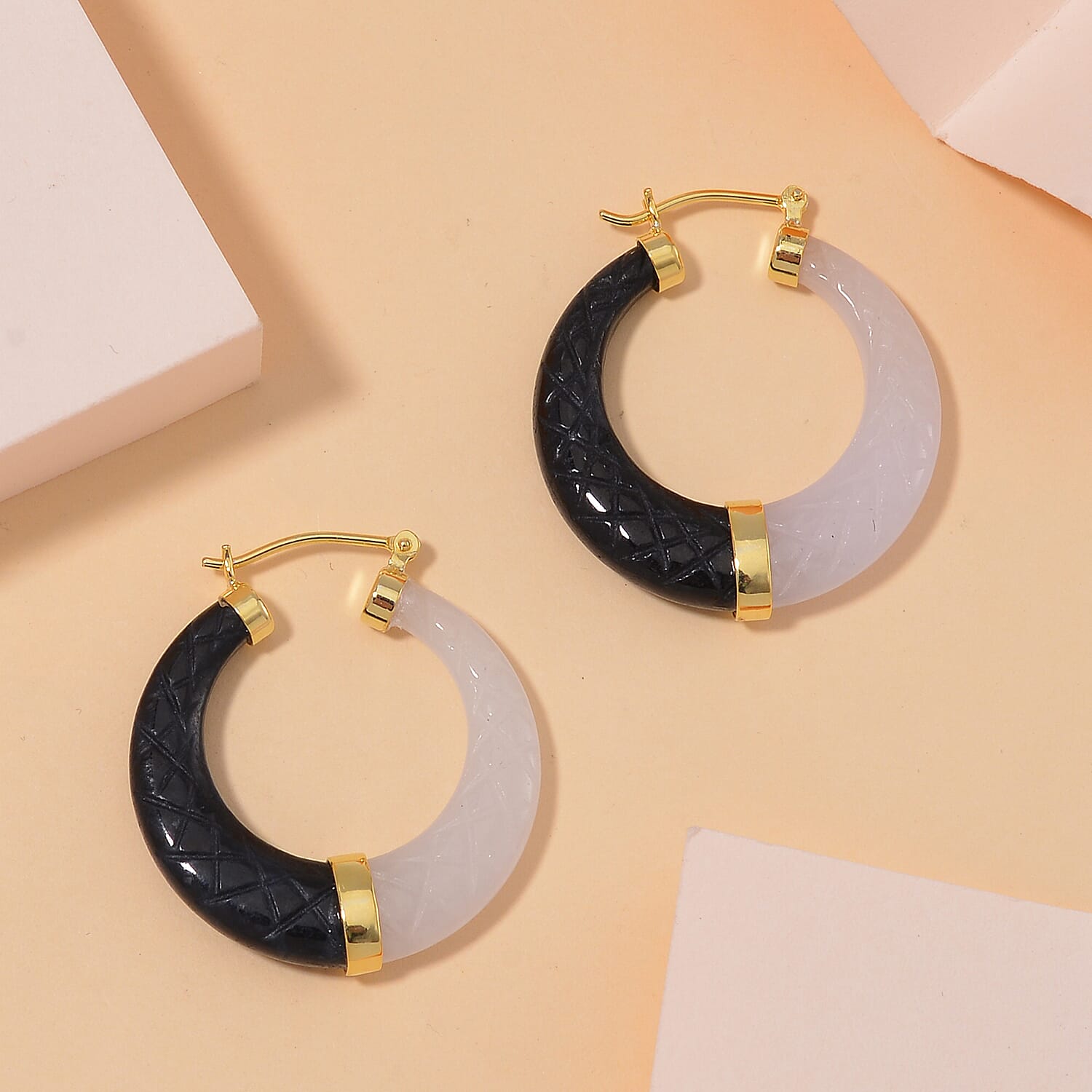 Natural White Jade and Black Jade (D) 104.00 ctw Hoop Earrings in Vermeil Yellow Gold Over Sterling Silver 