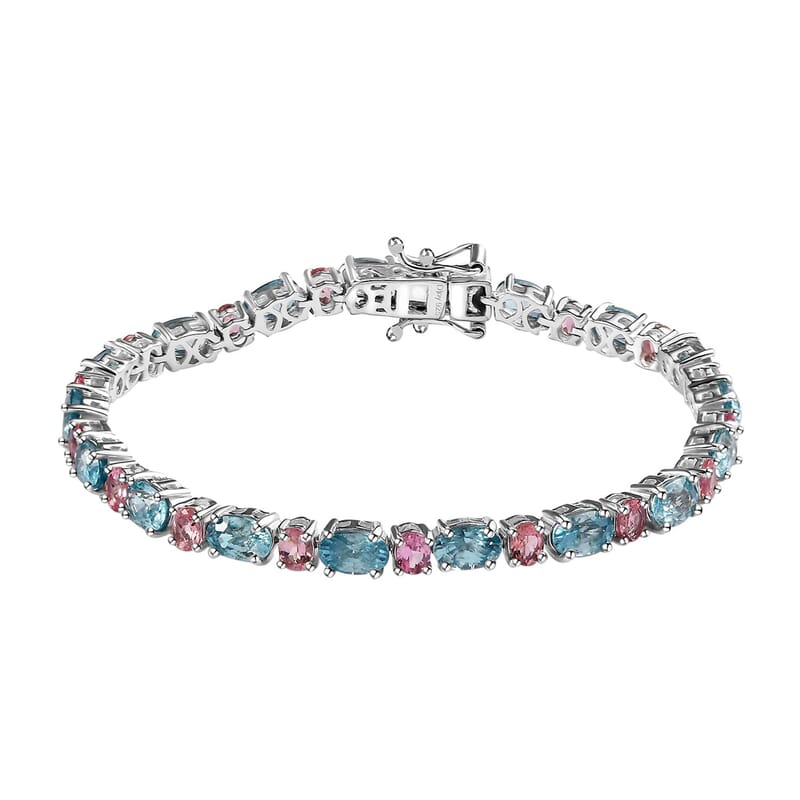 Cambodian Blue Zircon and Morro Redondo Pink Tourmaline Tennis Bracelet in Platinum Over Sterling Silver (6.50 In) 14.80 ctw