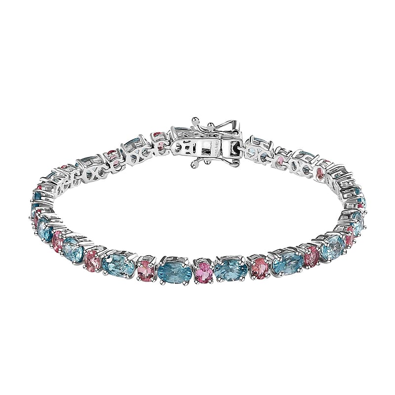 Cambodian Blue Zircon and Morro Redondo Pink Tourmaline Tennis Bracelet in Platinum Over Sterling Silver (6.50 In) 14.80 ctw