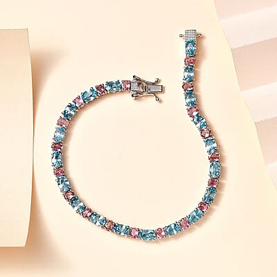 Cambodian Blue Zircon and Morro Redondo Pink Tourmaline Tennis Bracelet in Platinum Over Sterling Silver (6.50 In) 14.80 ctw