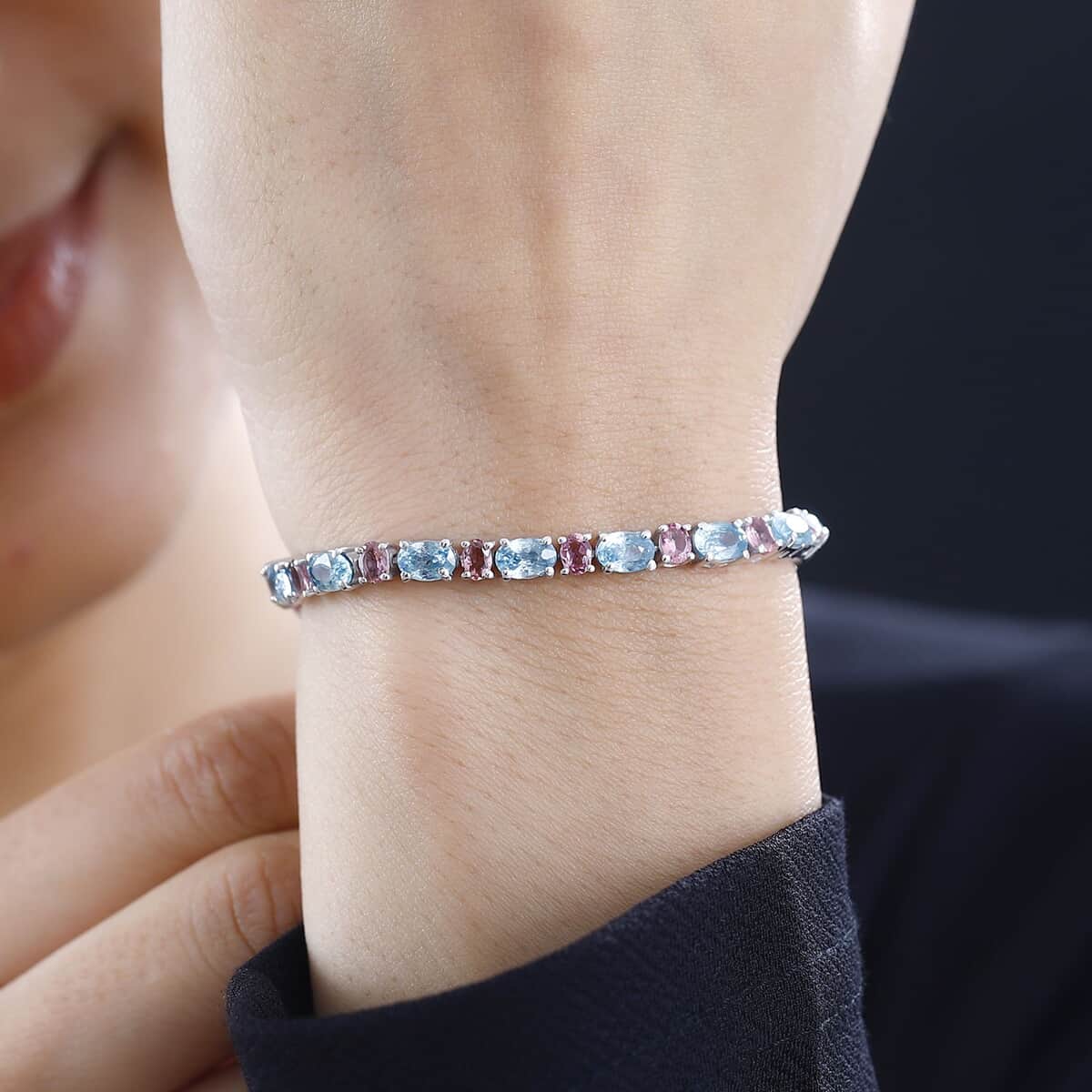 Cambodian Blue Zircon, Morro Redondo Pink Tourmaline Bracelet in Platinum Over Sterling Silver (6.50 In) 14.80 ctw image number 2