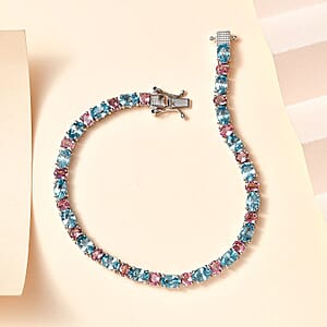 D'Joy Cambodian Blue Zircon and Morro Redondo Pink Tourmaline Tennis Bracelet in Platinum Over Sterling Silver (7.25 In) 16.75 ctw